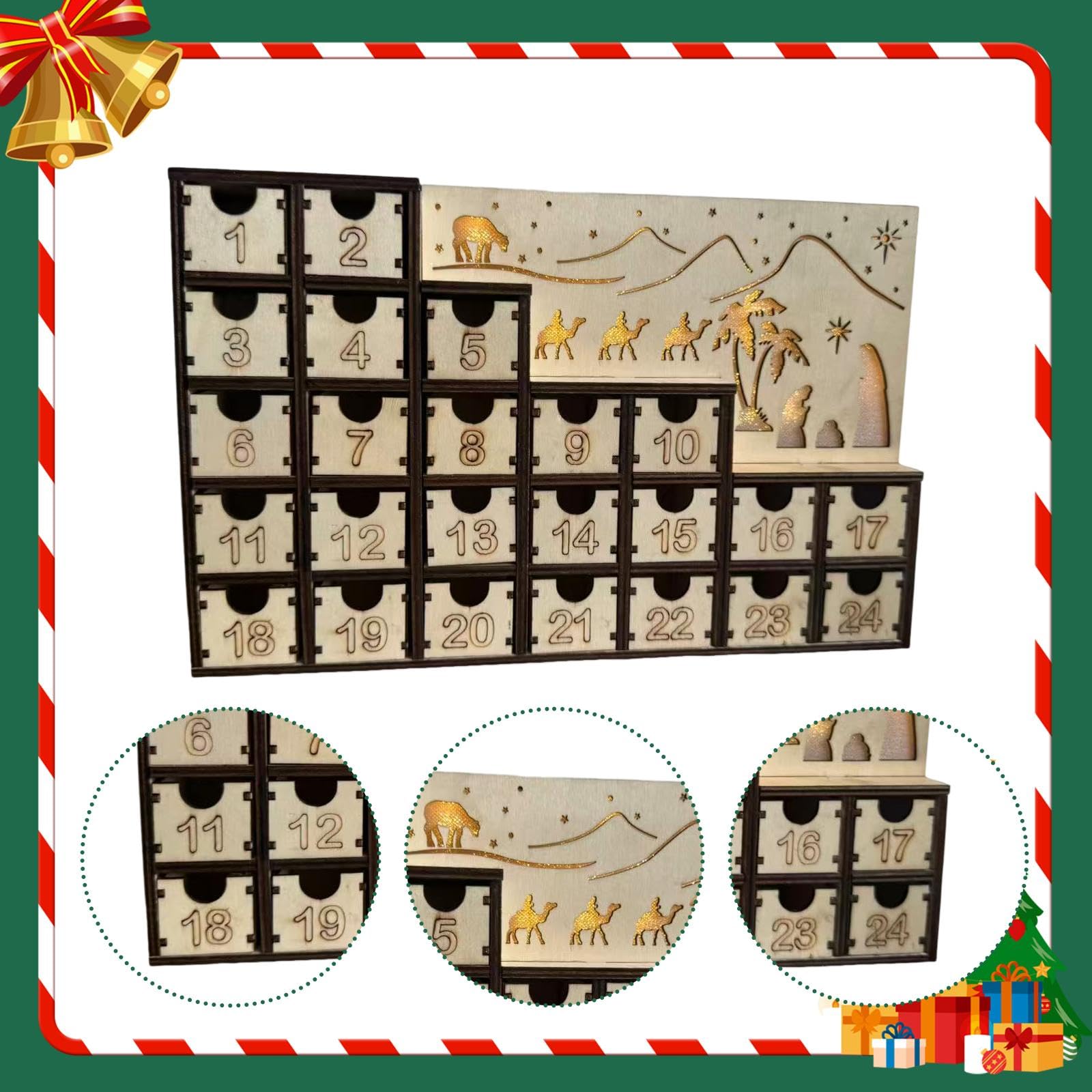 predolo Weihnachtskalender Adventskalender Holz mit 24 Schubladen Dekoratives LED Licht Kreative Aufbewahrung Festliches Sammelstück für Wohnzimmer
