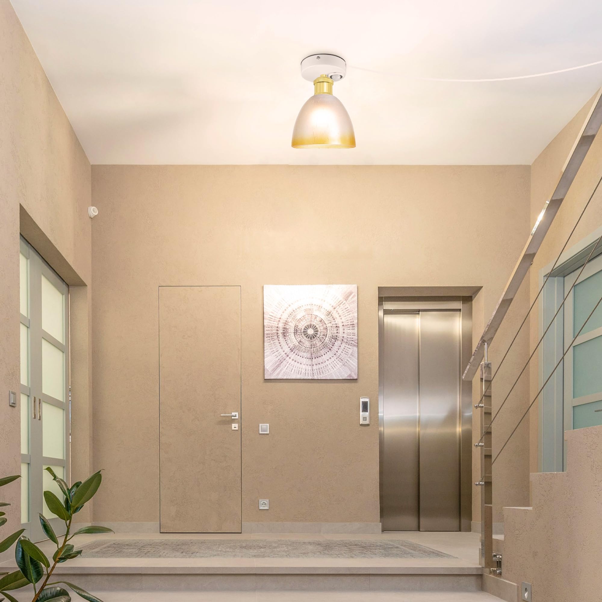 Plafoniera con sensore di movimento interno, moderna lampada da soffitto in vetro, sensore di movimento radar con cavo da 4,5 m e portalampada E27, per corridoio, bagno, scale, garage, oro