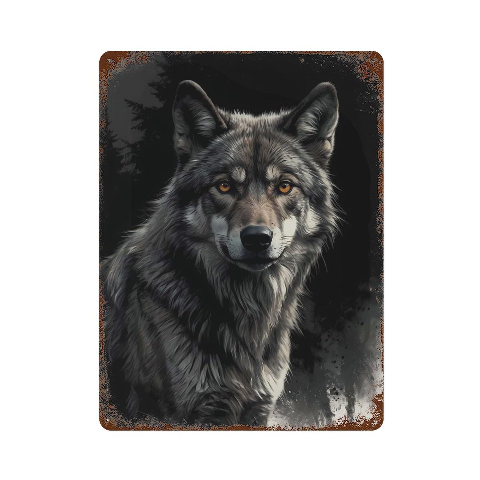 Garage Style Gaze of The Night Wolf Distressed Metal Wall Sign 15.7"x11.8", Rustic Home Decor for Bar And Workshop