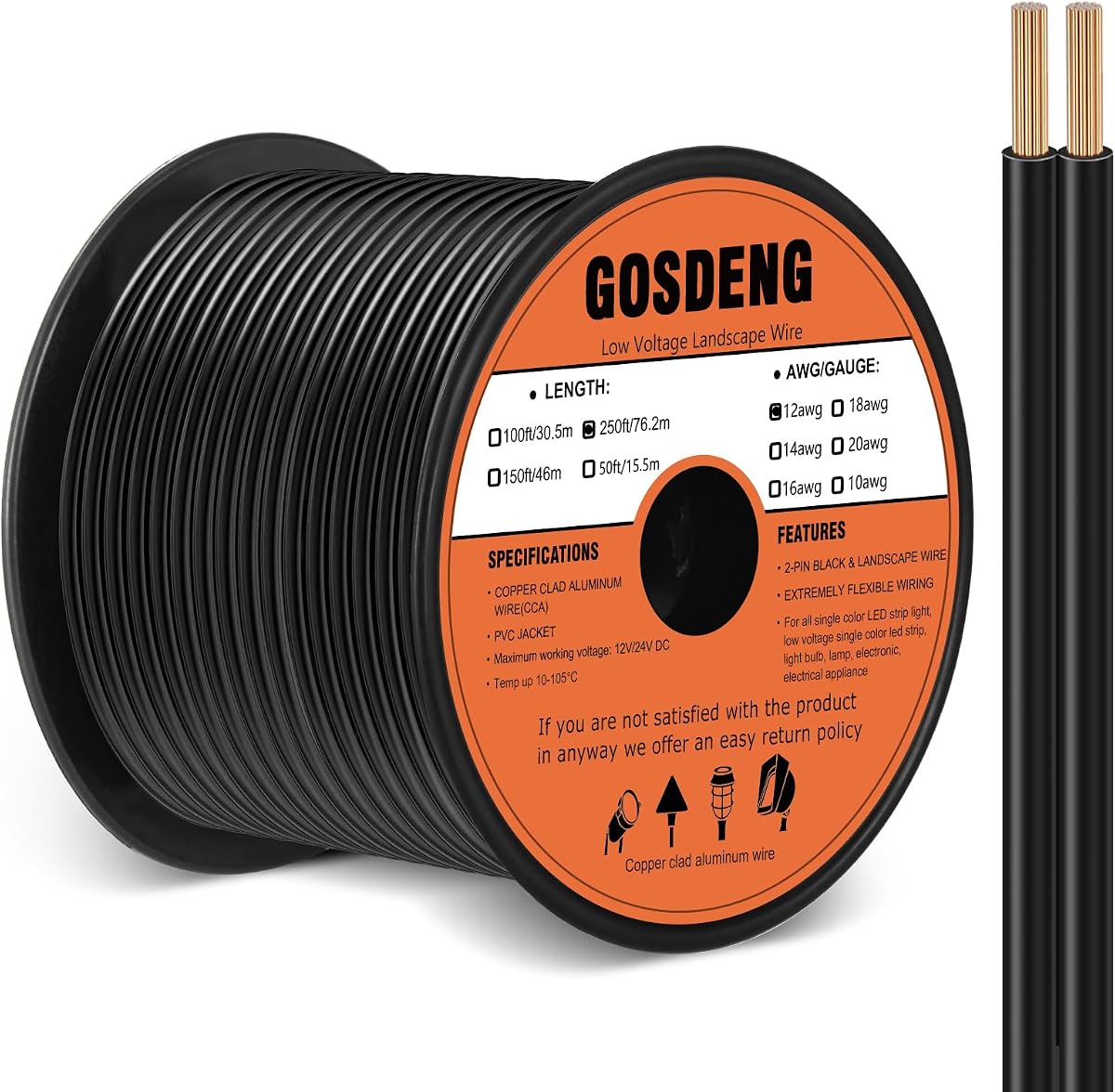 12/2 Low Voltage Landscape Wire 250FT Outdoor Landscape Lighting Cable 12 Gauge 2 Conductors Low Voltage Wire for Landscaping Lights,Copper Clad Aluminum Direct Burial