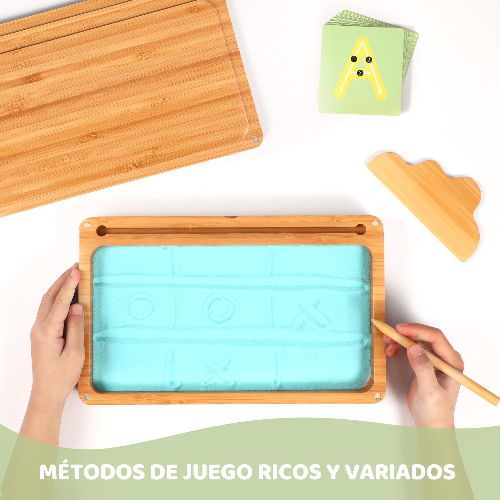 AtMini Montessori Mesa de arena de entrenamiento de escritura y signos juguetes de madera educativos para el desarrollo motor temprano en niños (azul)