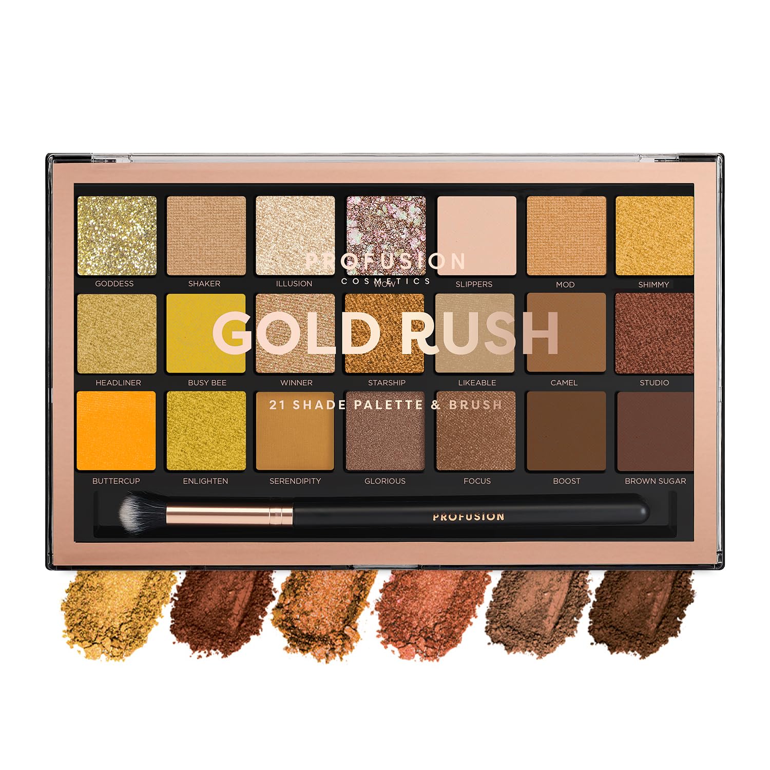 Palette de fards à paupières Profusion Cosmetics avec pinceau Pro Series Makeup offert - 21 teintes Gold Rush