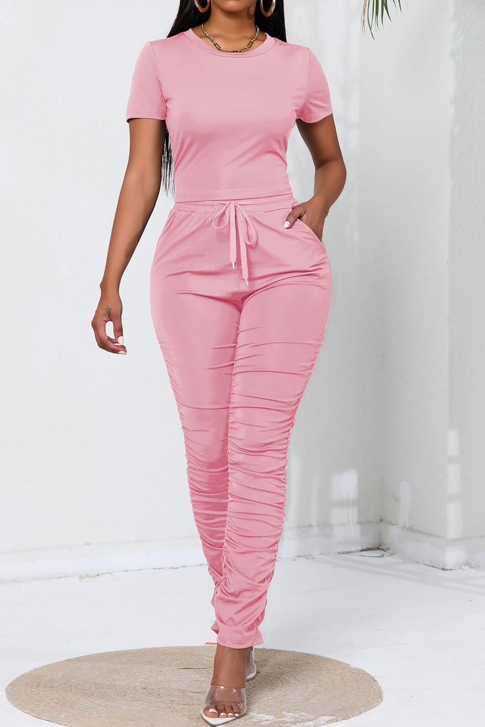 PINSV Women's 2 Piece Outfits Bodycon Lounge Wear Crop Top Stacked Pants Going Out Jogging Tracksuit Sets - Image 2