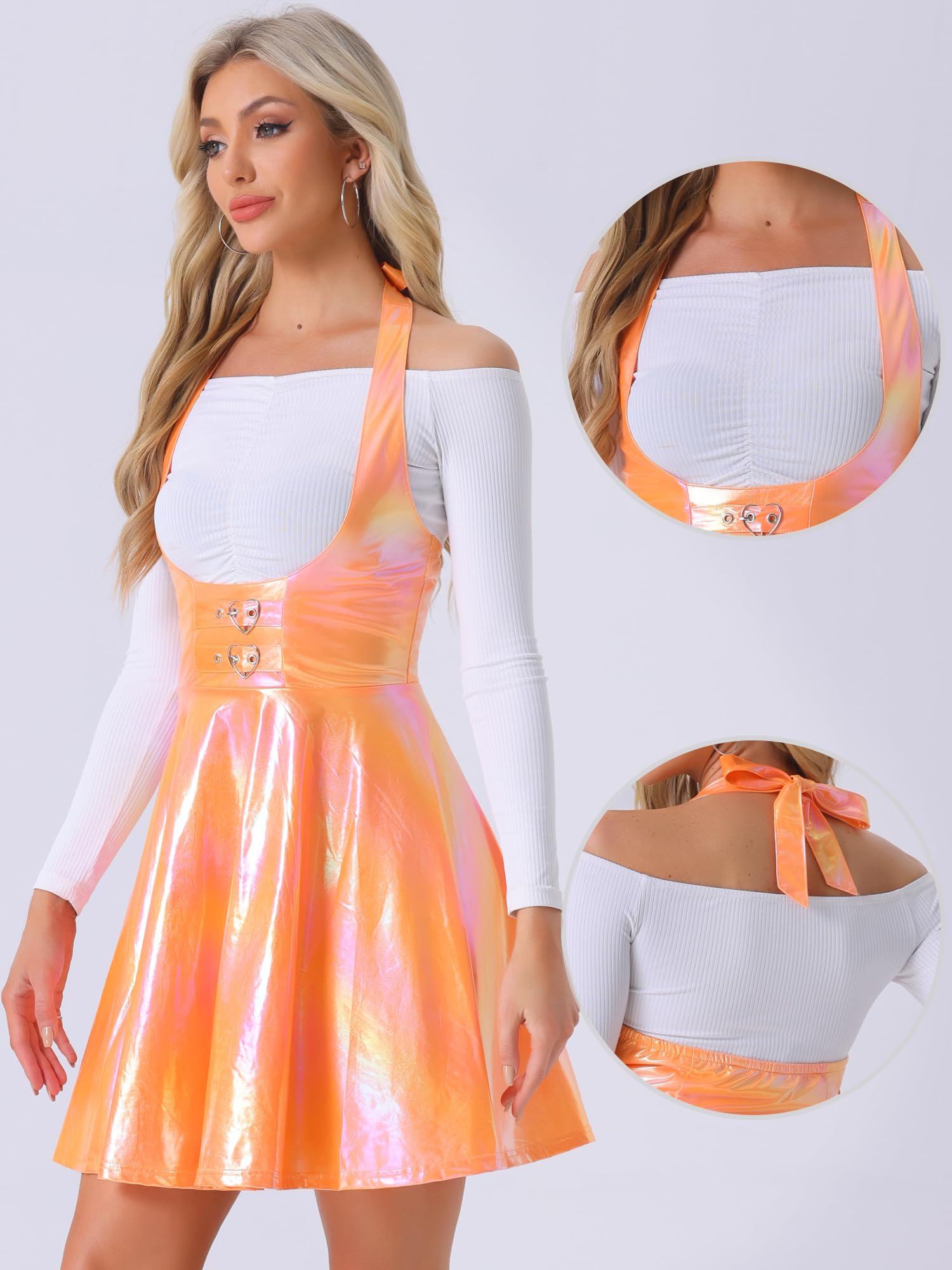 Allegra K Jupes métalliques pour femmes holographiques scintillantes taille haute gothique jarretelles