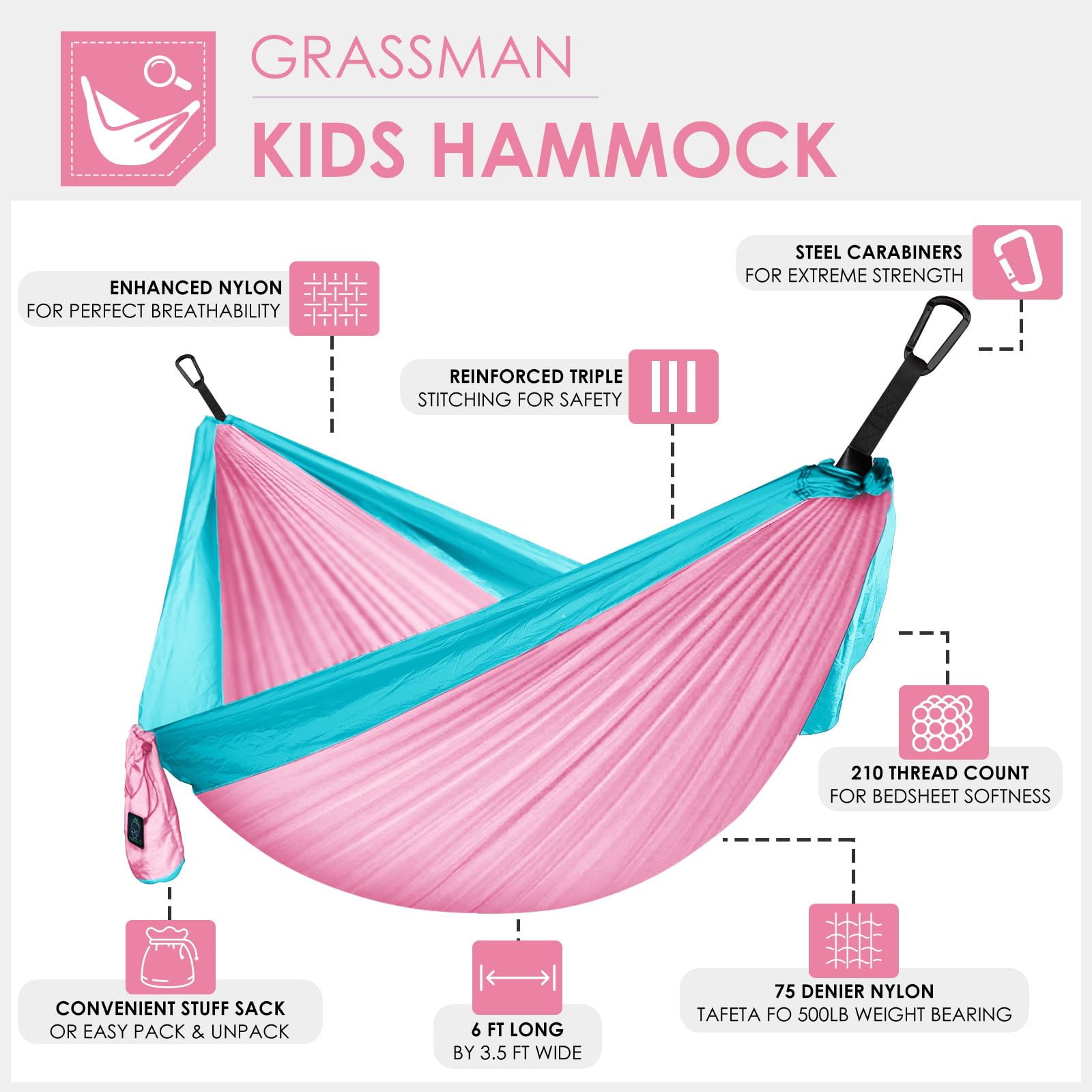 GRASSMAN Hamaca para niños, hamacas de camping pequeñas, equipo de camping portátil para uso en interiores y exteriores, con correas de árbol y mosquetones, rosa y azul