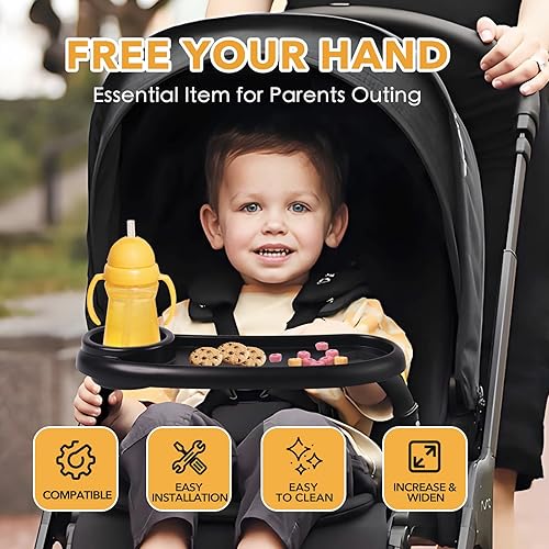 Miniatura 4 de Bandeja de aperitivos compatible con Mockingbird, Nuna, Evenflo Stroller, bandeja ajustable para cochecito con soporte para tazas y soporte para