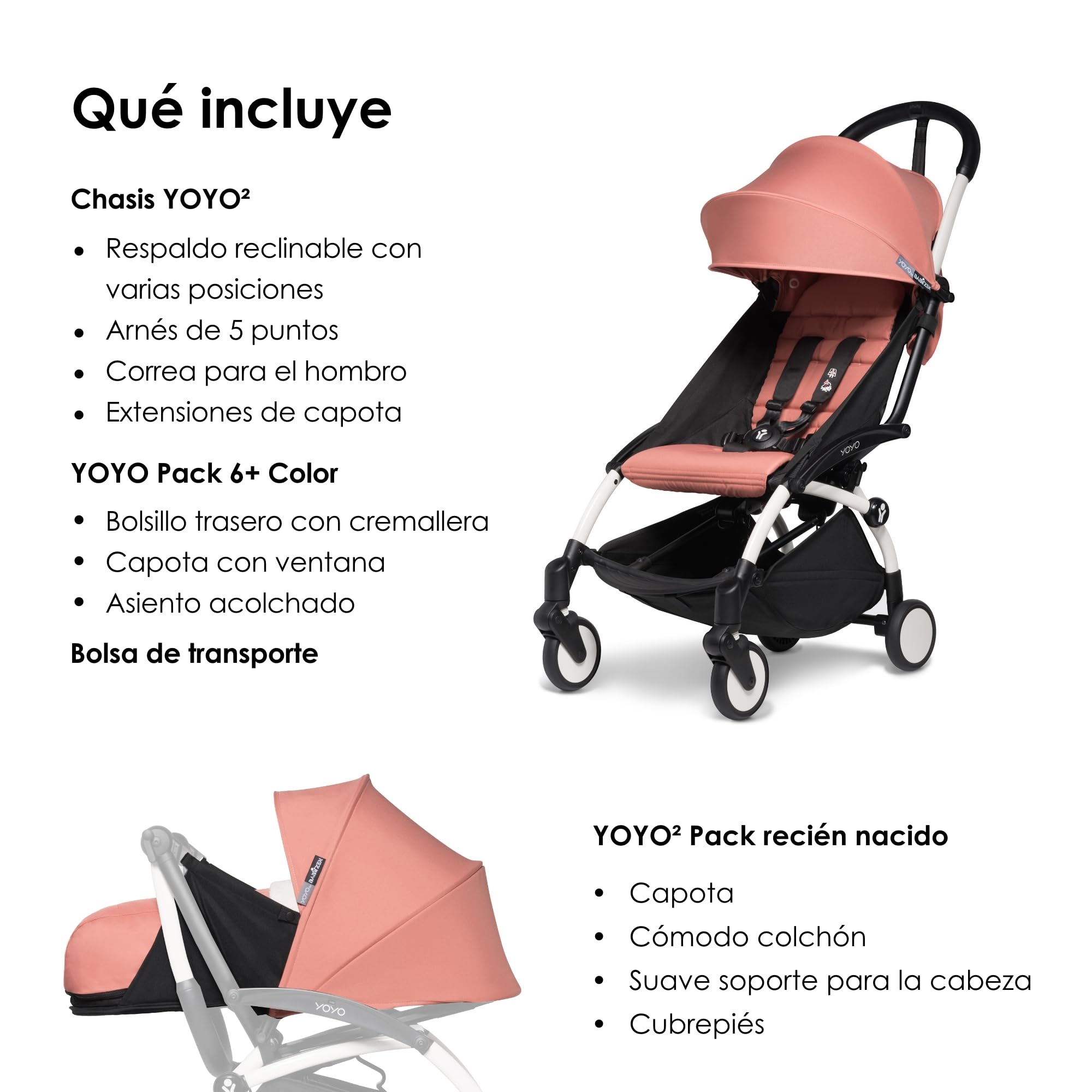 BABYZEN Cochecito Completo YOYO2 - Incluye Pack Recién Nacido 0+ (Ginger), Chasis (Blanco) & Pack 6+ Color (Ginger) - Para Niños Hasta 22 kg