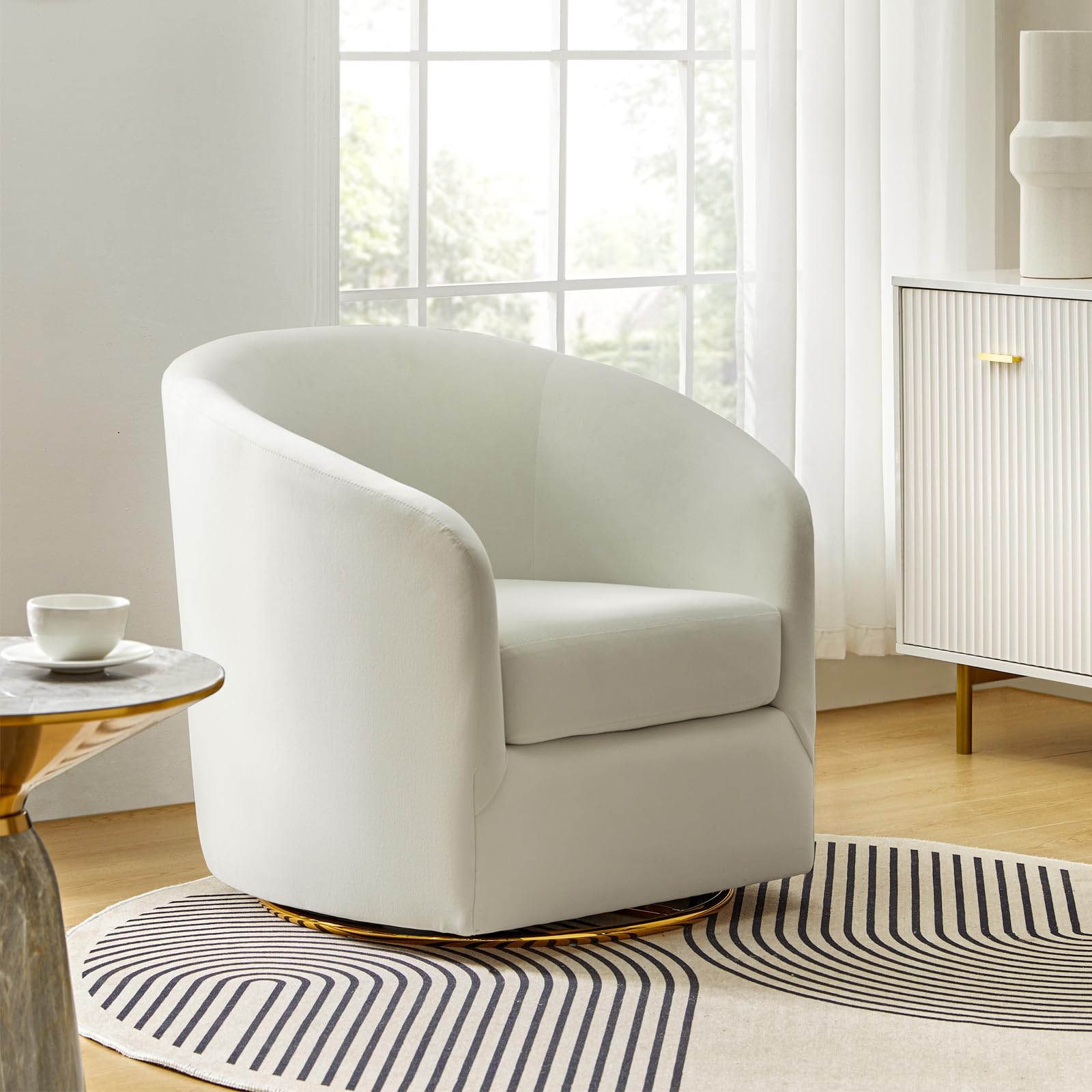HULALA HOME Swivel Accent Chair with Gold Metal Base, Contemporary Velvet Curved Swivel Barrel Chair, Upholstered Club Armchair, Leisure Single Sofa for Living Room, Nursery, Bedroom(IVORY)