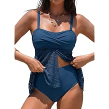 Aleumdr Tankini Swimsuits for Women Modest Two Piece Bathing Suits Flowy Mesh Swim Top with High Waisted Bottom