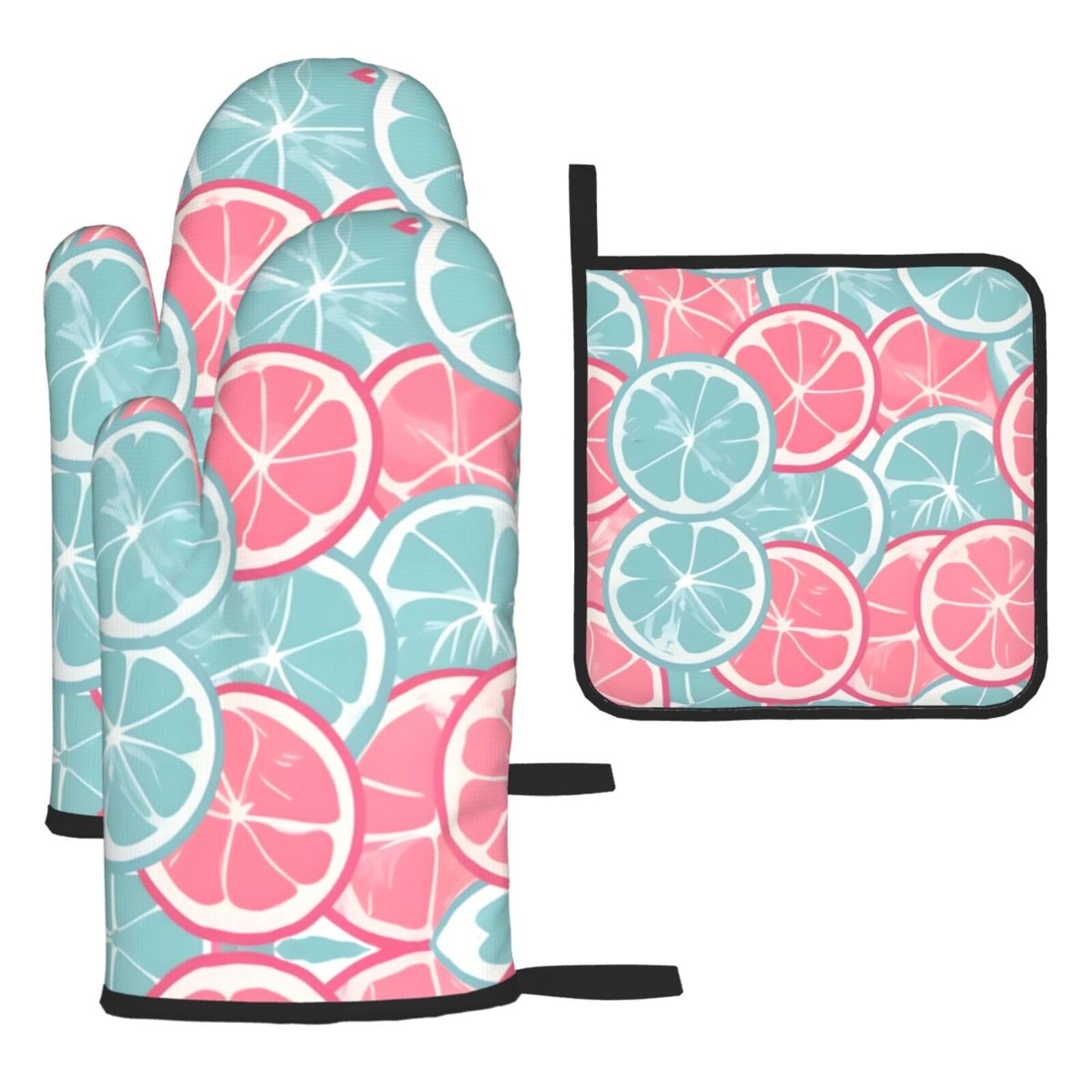 Pink Blue Citrus Slices Oven mittens and oven mitts three-piece set suitable for oven, grilling, baking, microwave and home cooking.