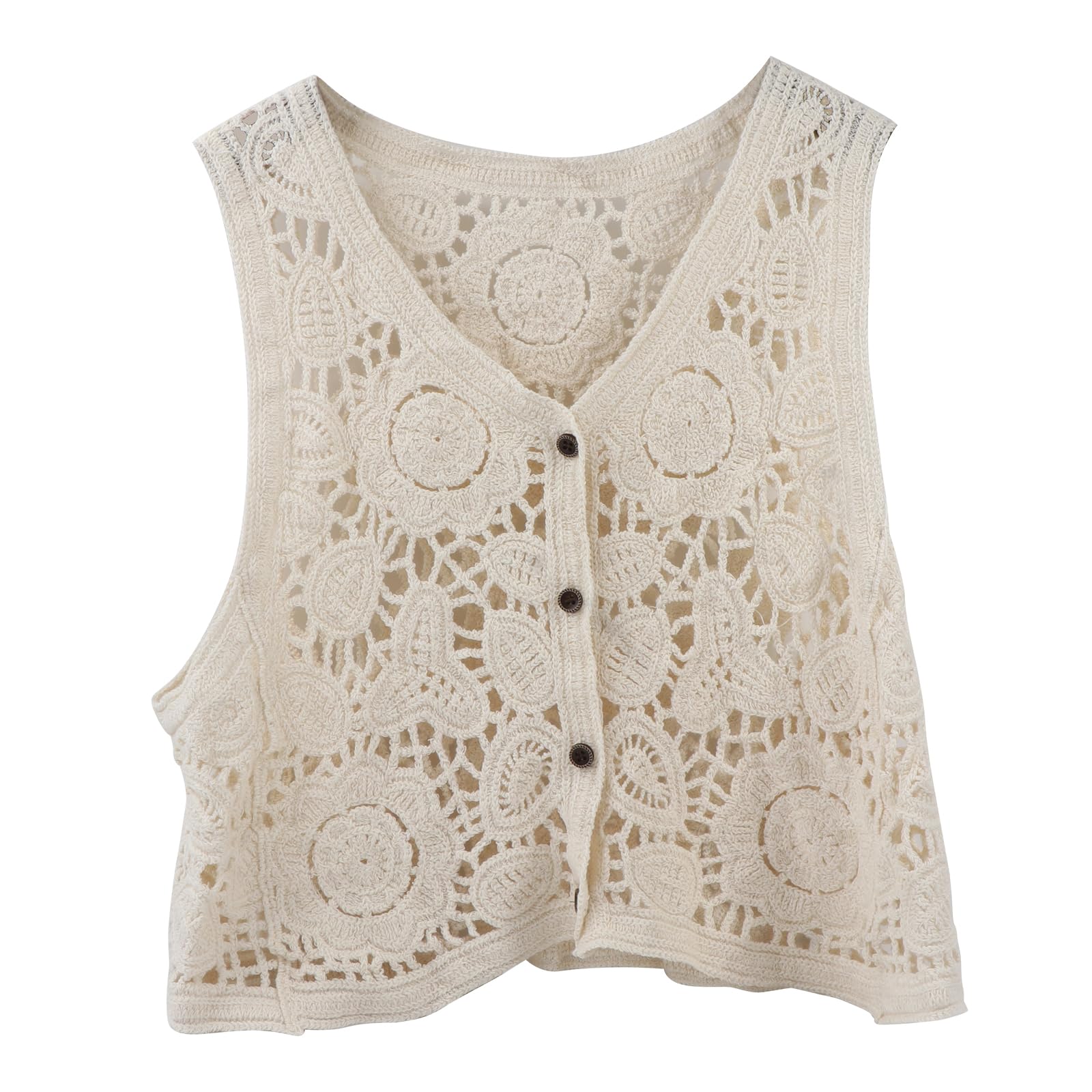 Hattba Women's Apricot Hollow Knit Crochet Floral V-Neck Vest Waistcoat Cropped Cardigan French Loose Sleeveless Outerwear For Jac