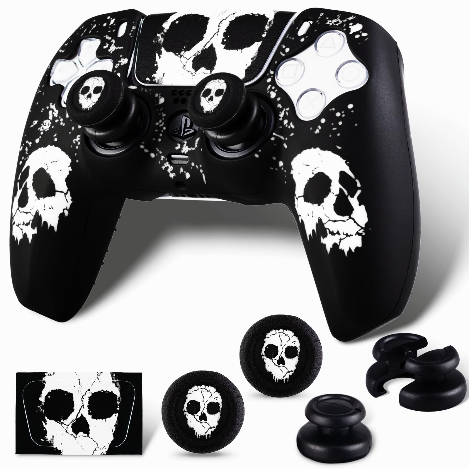 PlayRealm Silicone Skin Cover Sticler x 1 No Falling off Thumbstick x 2 for PS5 Controller Ghost Face