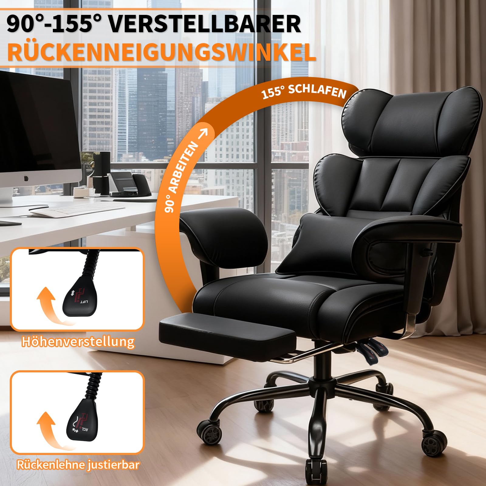 HOFFREE Ergonomischer Bürostuhl für schwergewichtige Personen bis 200kg – PU Leder Chefsessel mit Fußstütze, Hoher Rückenlehne, Verstellbaren Armlehnen und Lendenwirbelstütze in Schwarz