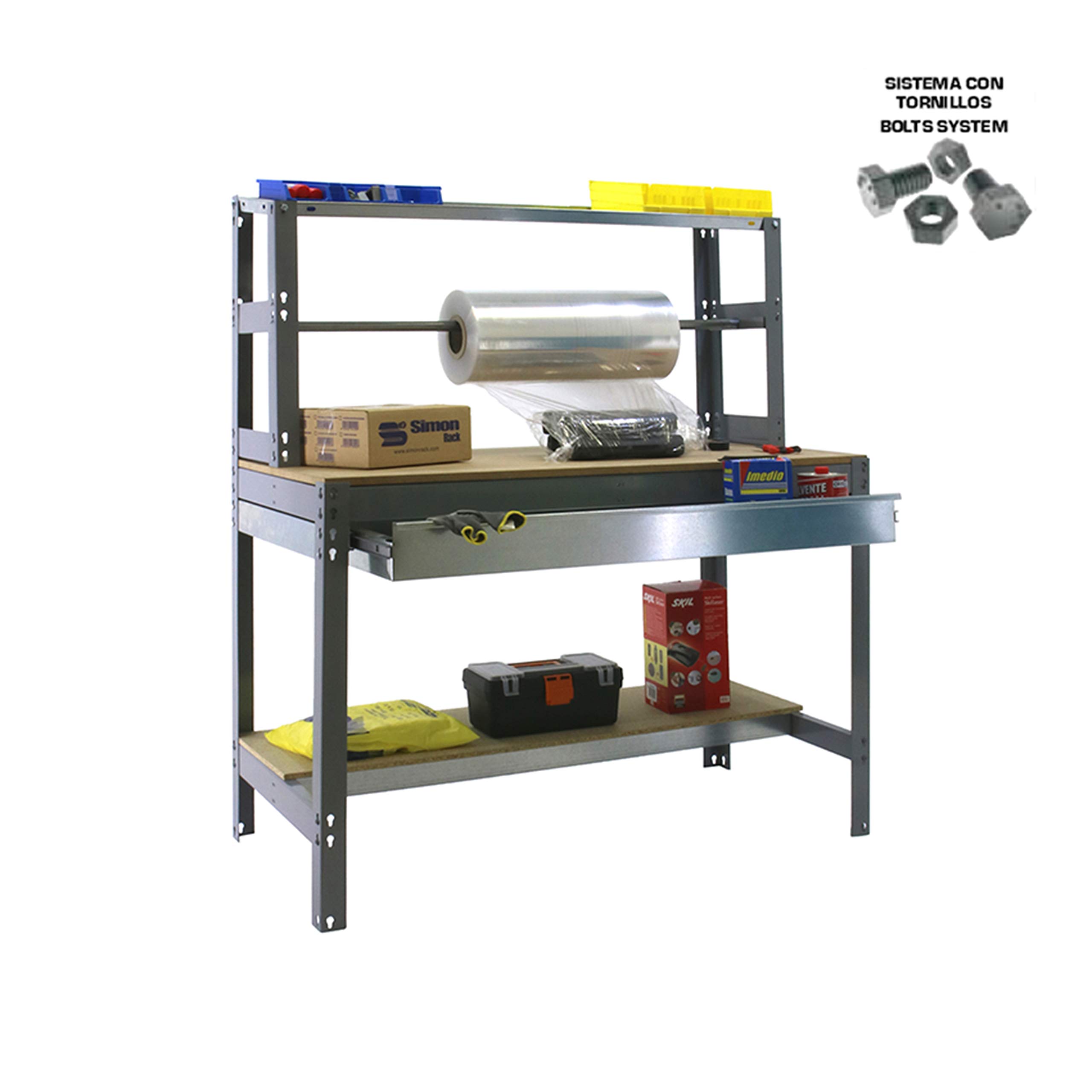 Simon Rack Banco de Trabajo con Porta Rollo y cajón 1210x760 mm - BT4 | Tablero madera 16 mm, Capacidad Carga 600 kg, Gris , Pintura anticorrosión, Montaje sistema clic