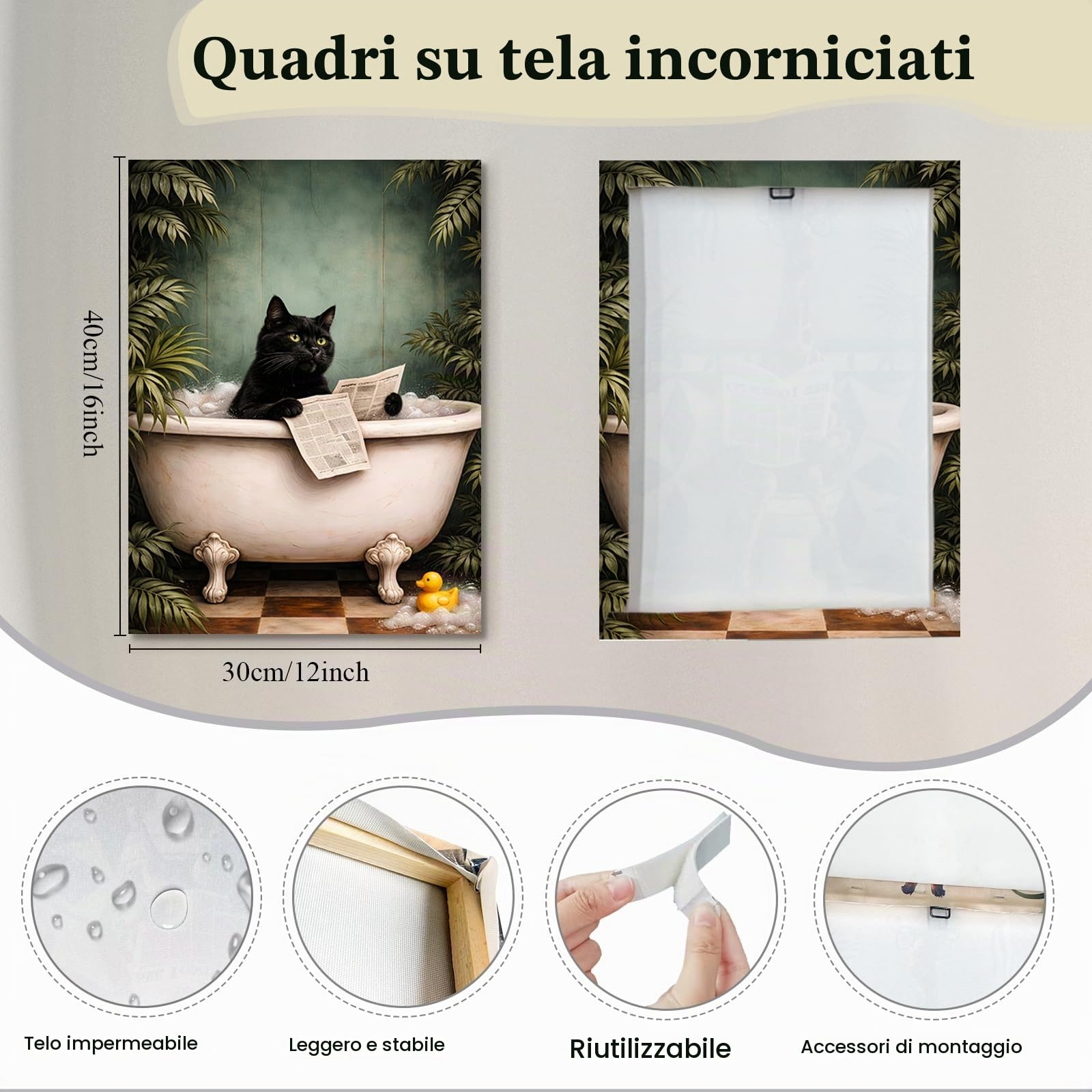 Alptiny Set di 3 quadri da bagno da 30 x 40 cm su tela con cornice, simpatici gatti con , decorazione da parete per il bagno, decorazione da parete per il bagno e il WC degli ospiti