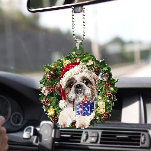 Miniatura 6 de Talataca Shih Tzu - Corona de sombrero de Navidad para amantes de los perros, accesorios para espejo retrovisor plano 2D, adorno para árbol de