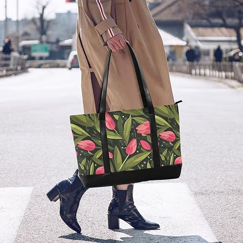 Miniatura 6 de Pink Tulipa Green Leaves Flat Illustration Style Large Capacity bag with laptop compartment with zipper laptop travel bag for ladies with college