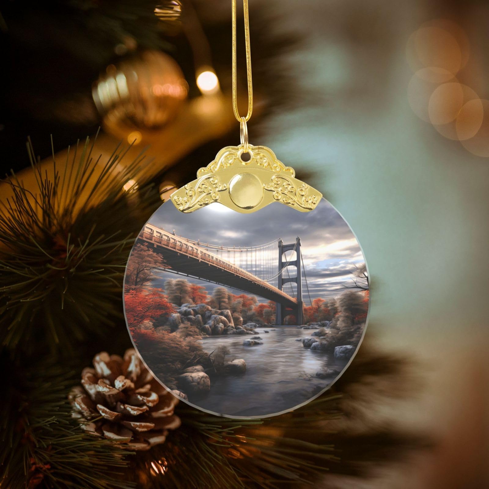 Crystal Christmas Ornaments for Christmas Tree Decoration Hanging Scenery Bridge Ornament with Gold Ribbon Crafts Round Pendant for Keepsake Gifts Glass Xmas Decor Party Supplies
