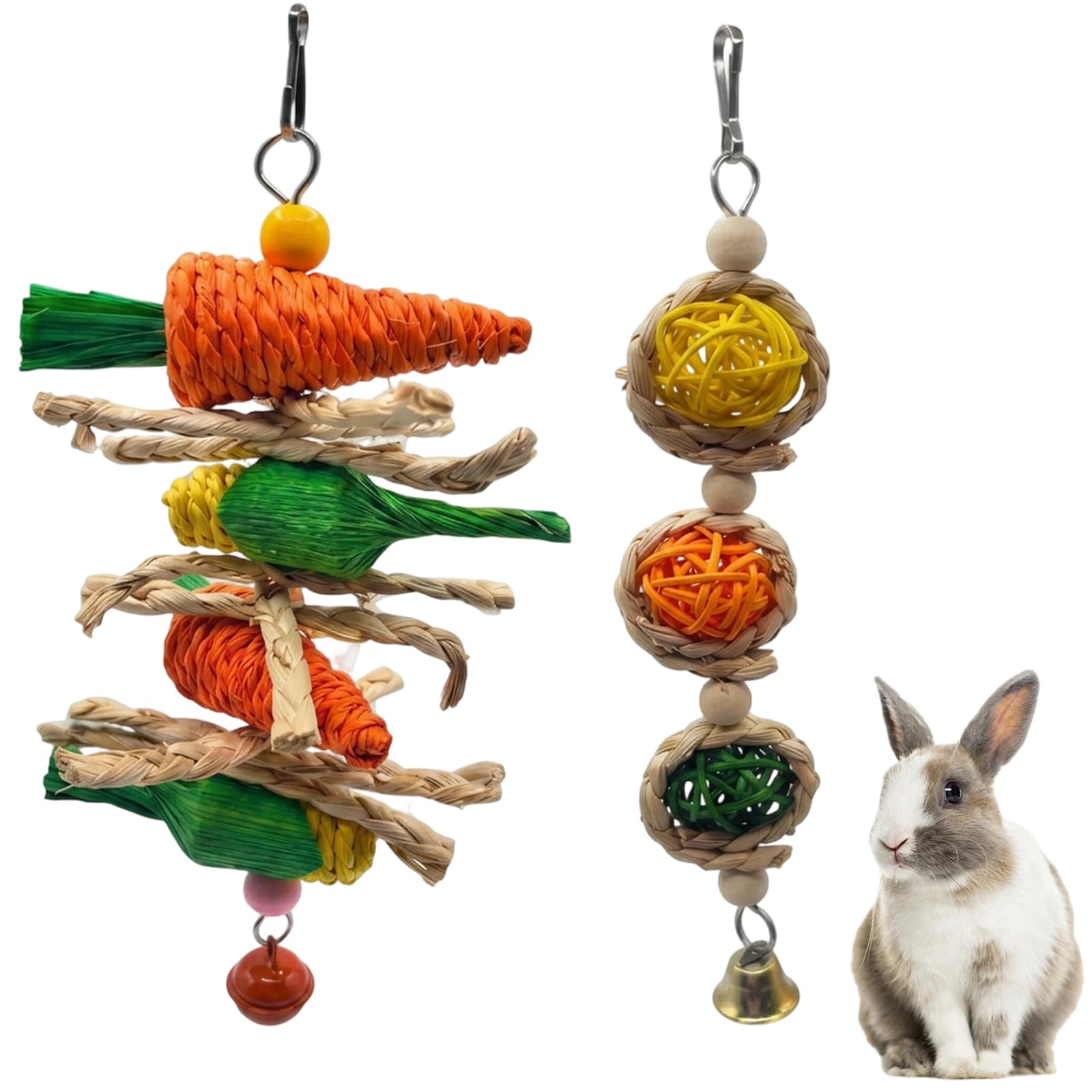 2pcs Rabbit Boredom Breakers and Guinea Pig Toys, Natural Small Animal Chew Toys,Carrot String and Willow Ball Set for Hamster Enrichment, for Cage Boredom Breaker Teeth Grinding Enrichment Toys