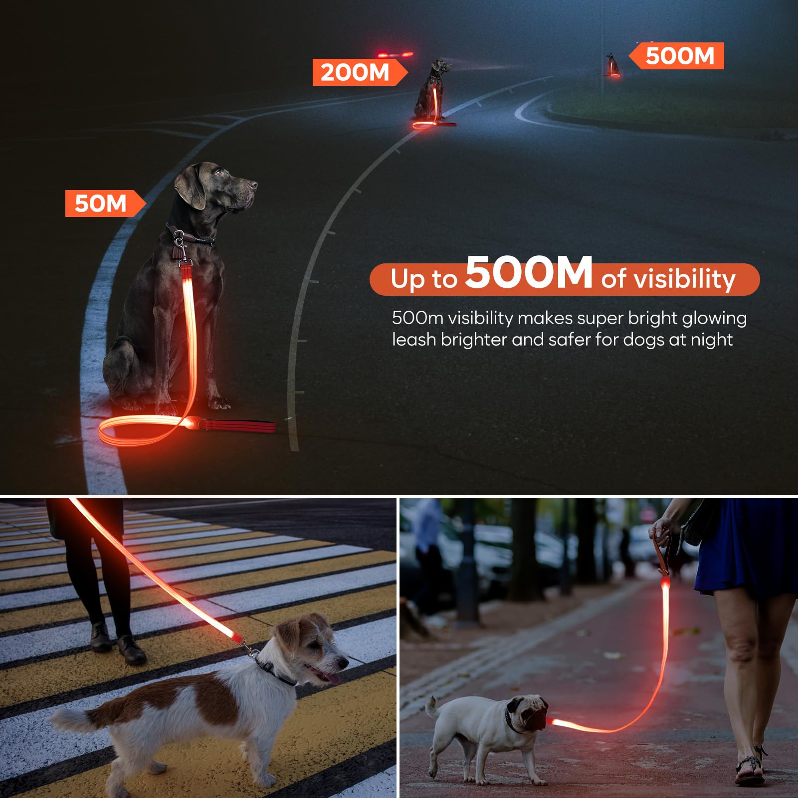 Correa LED para perro, correa de perro iluminada de 4 pies, recargable por USB, impermeable, correas reflectantes de nailon con mango acolchado para perros, luz nocturna para caminar, seguridad que