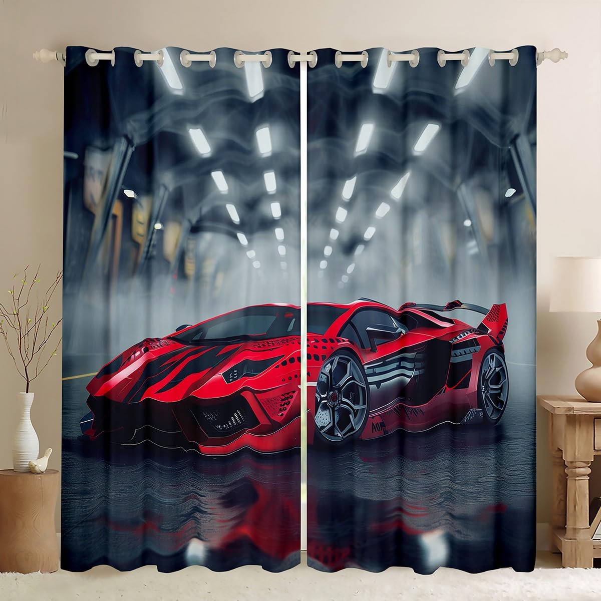 Erosebridal Teen Boys Race Car Window Curtain, Red Sports Car Pattern Curtains, Extreme Sport Theme Window Drapes Fashion Window Treatment for Bedroom and Sliding Glass Door, Fashion Decor 42