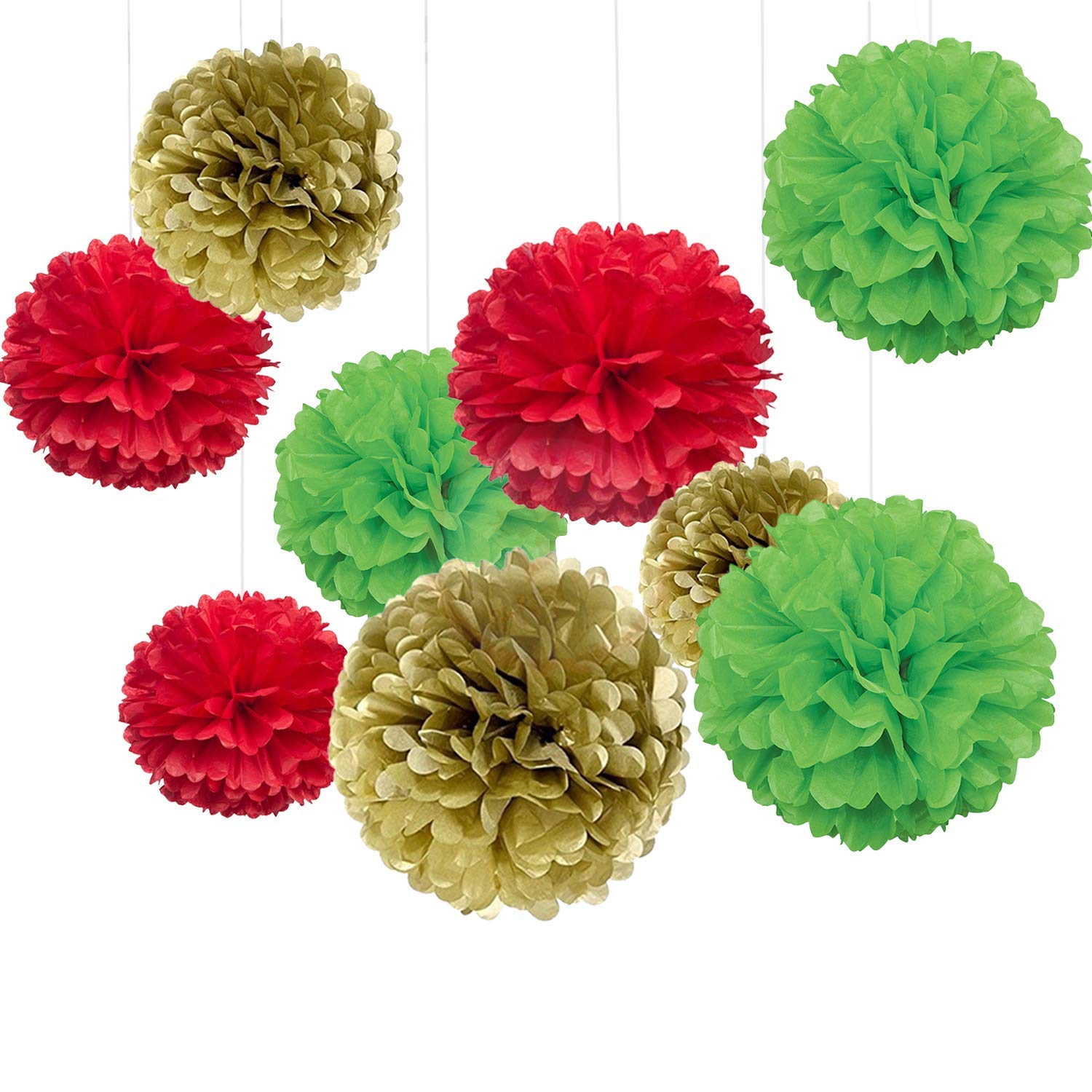 Party Propz Multicolor Giant Paper Flowers for Decoration - Set of 9 Pcs (12 inch Each) Paper Pom Poms for Decoration | Multicolor Pom Pom Balls (Red, Green, Golden)