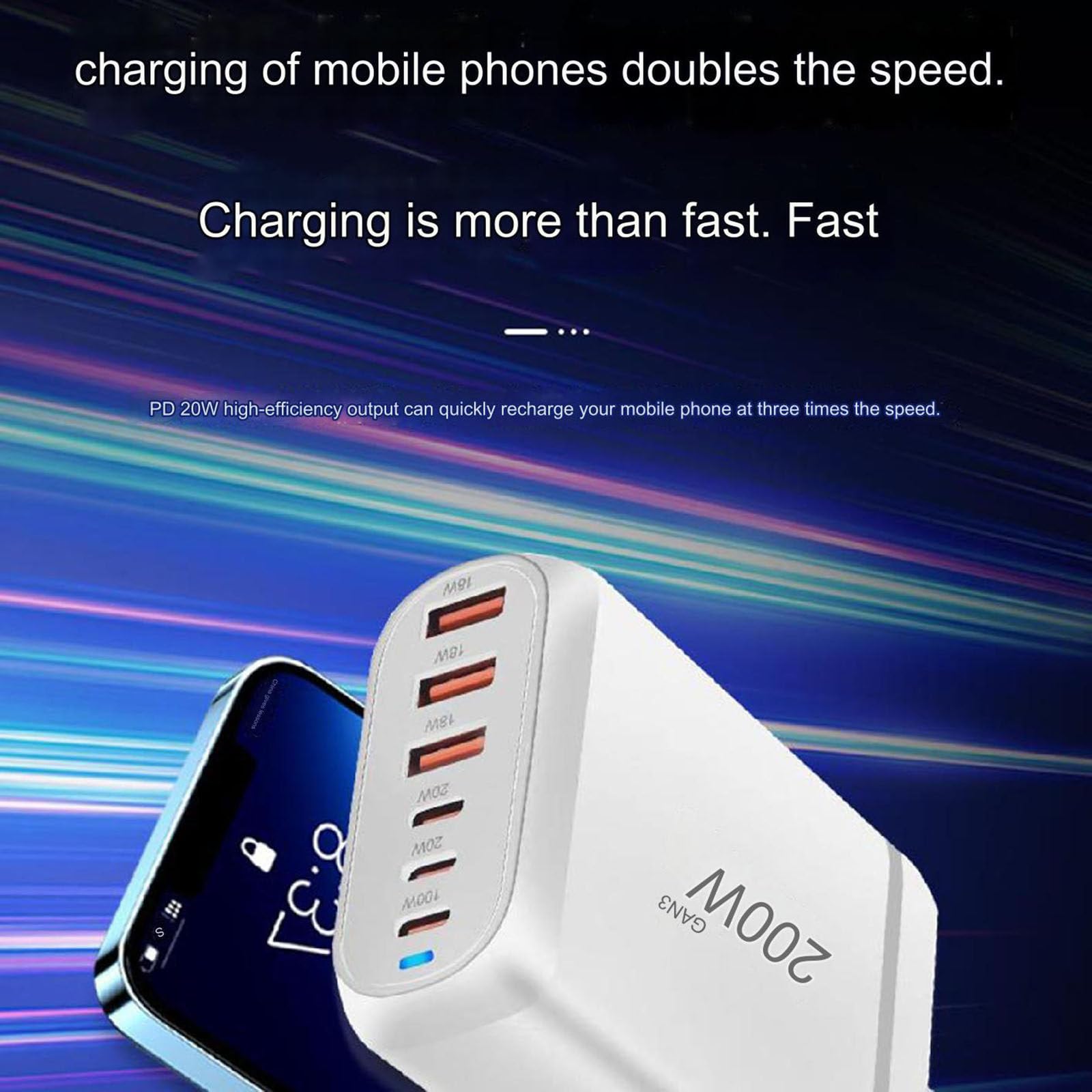 Cargador multipuerto de 200 W, cargador de escritorio USB de 6 puertos, cargador PD, cargador rápido 3,0, cargador USB móvil,White