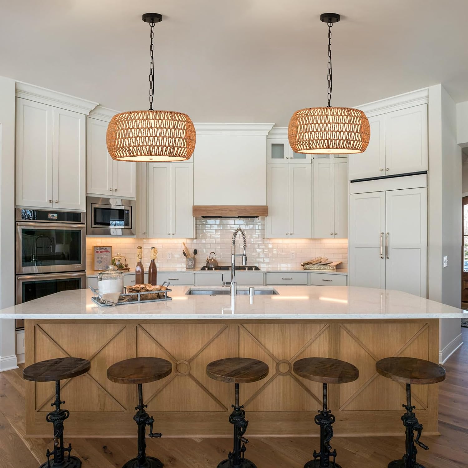 Boho Chandeliers for Dining Room,Rattan Chandeliers with Fabric Shade,Farmhouse Dining Room Light Fixtures,Kitchen Island Lighting 5-Lights Hand Woven Drum Chandelier,18 in,UL Listed