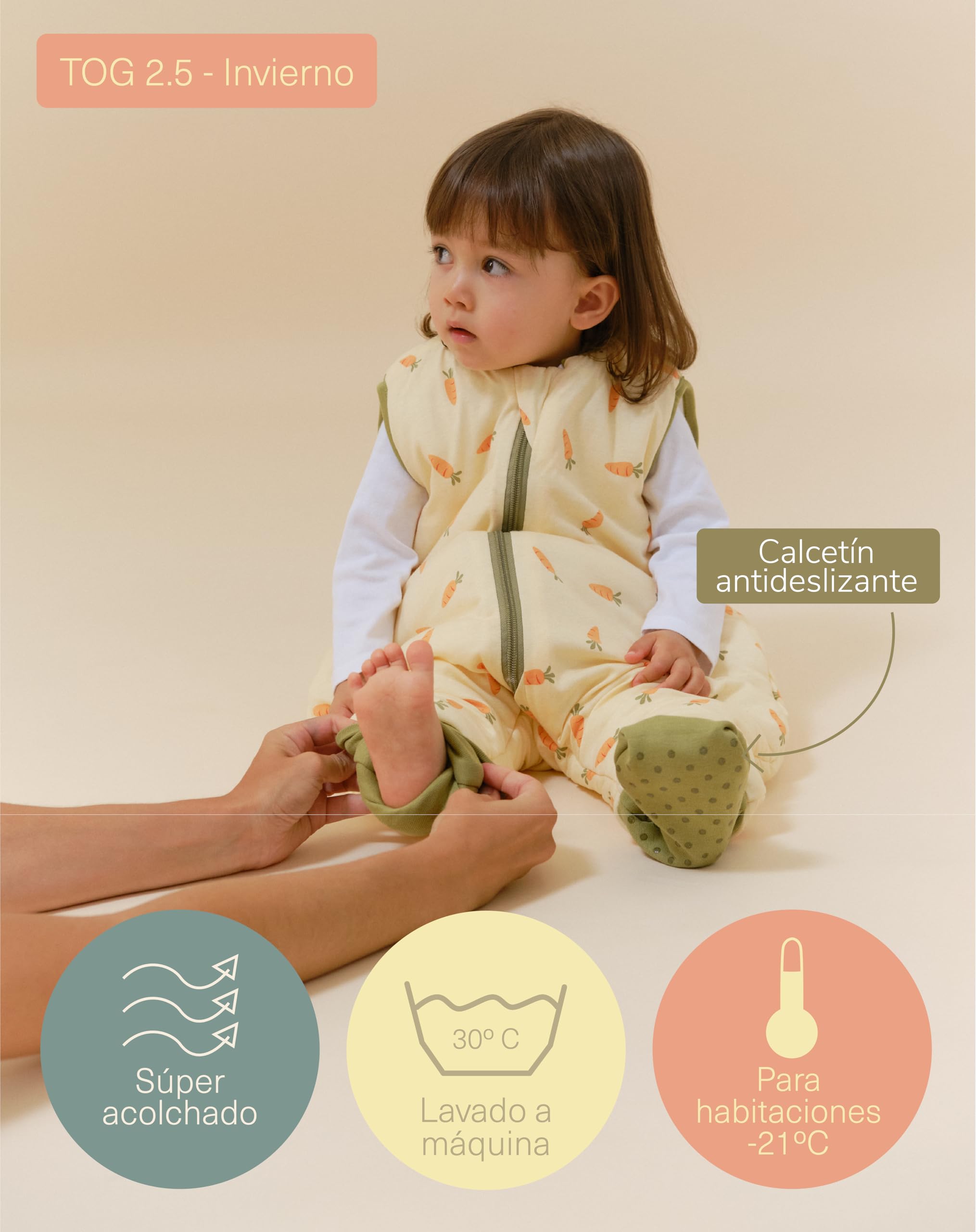 molis&co - Pijama Manta con Calcetines Antideslizantes 2.5 TOG - 90 cm (3 años) - Ideal para Invierno - 100% algodón (Oeko-Tex 100) - Carrots