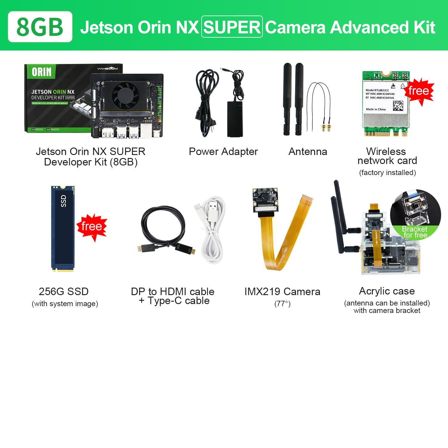 Yahboom Jetson Orin NX 8GB SUPER Camera Advance Kit,117 TOPS | WiFi 256GB SSD Ubuntu 22.04 System AI Smart Robot Kit Heat Dissipation Suitable for Electronic Projects, Programmierung