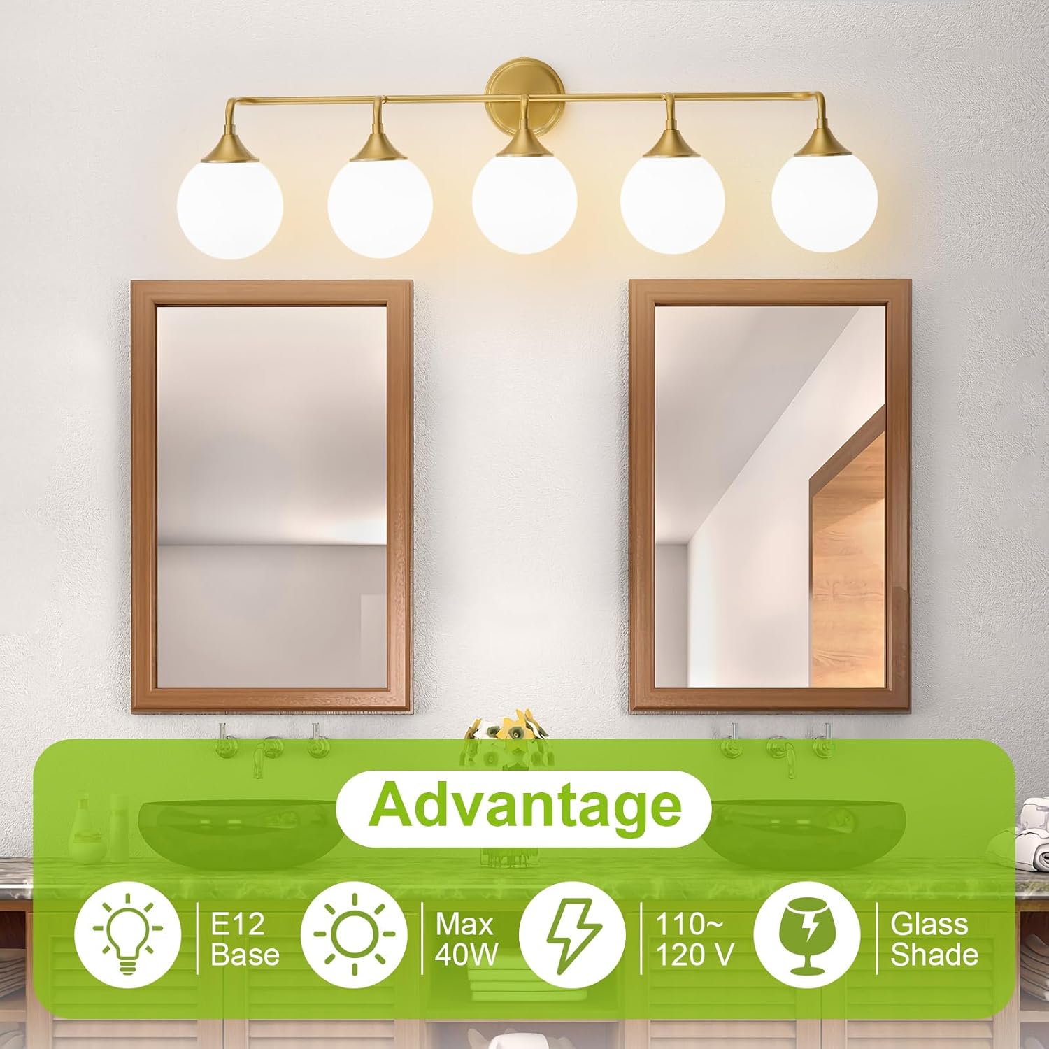 Gold Bathroom Light Fixtures, Modern Vanity Lights Over Mirror, Brushed Brass Wall Sconce Lighting 5-Light with Milky White Glass Ball Shades
