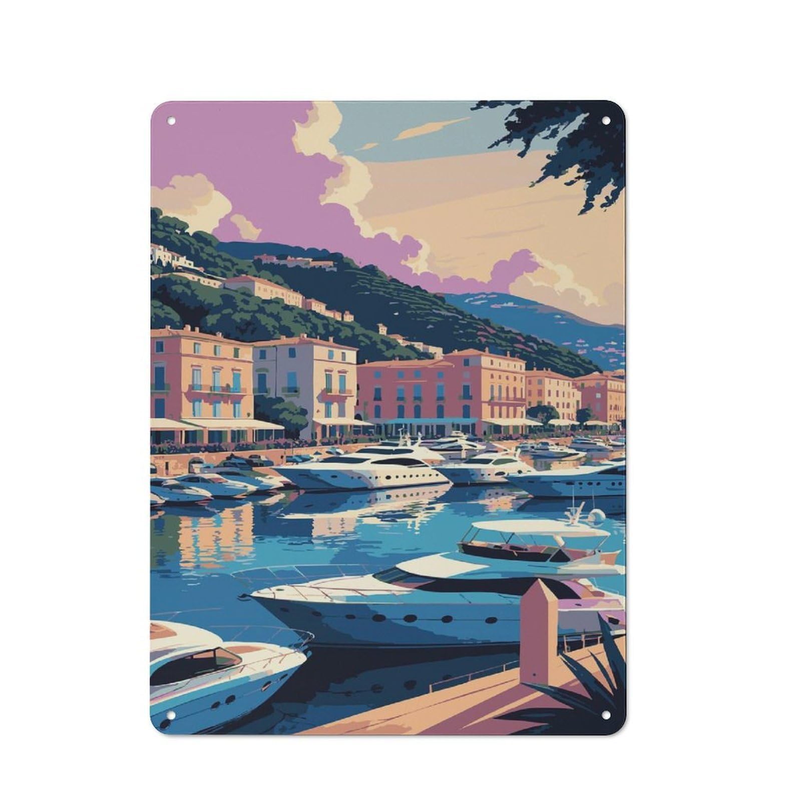 Junmoney Style-23 For Home Office Or Studio, Coastal Cityscape With Yachts And Buildings Vintage Tin Sign 40X30cm, Tin Sign Wall Decor For Home Offices And Studios