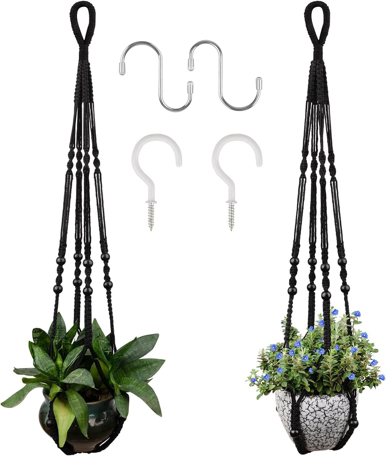 RIFNY Macrame Plant Hangers (2 Pack Black) for 5-10 Inch Pots, 35" Woven Cotton Rope with Hooks & Wood Beads - Boho Indoor Hanging Baskets