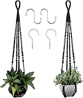 RIFNY Macrame Plant Hangers (2 Pack Black) for 5-10 Inch Pots, 35" Woven Cotton Rope with Hooks & Wood Beads - Boho Indoor Hanging Baskets