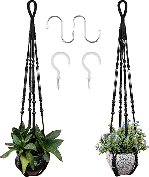 RIFNY Macrame Plant Hanger for 5 to 10 Inch Plant Pots, 35 Inch Woven Rope Hanger Kits with Hooks and Wood Beads, Hanging Planter Basket for Indoor Boho Home Decor Black, 2 Pack