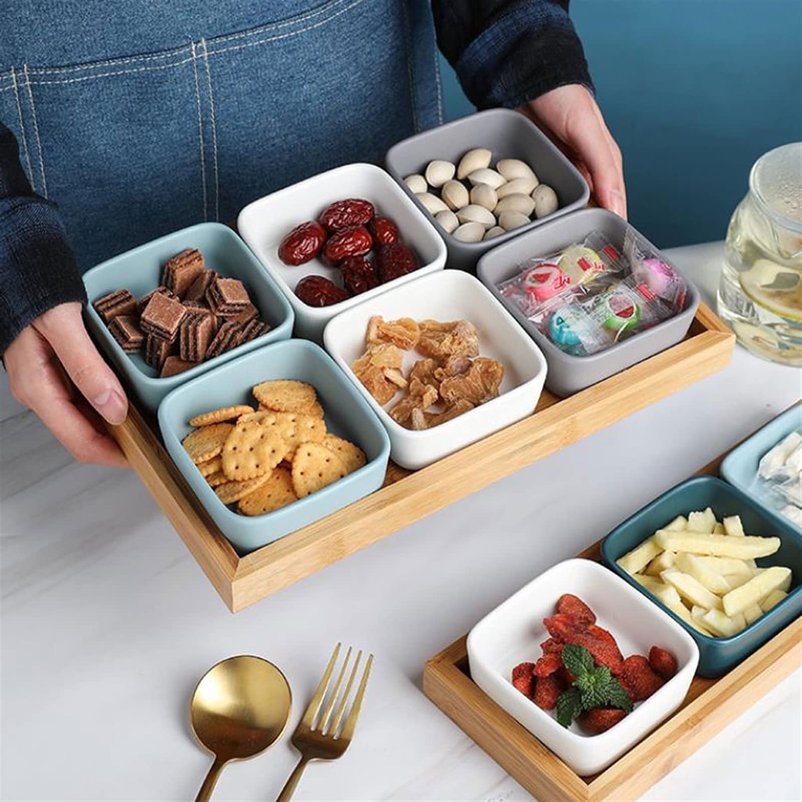 Keramik-Soßenschale, unterteilte Dip-Schalen mit Tablett, Gewürzschale für Snacks, Nüsse, Trockenfrüchte, Teller, Sushi, Essig