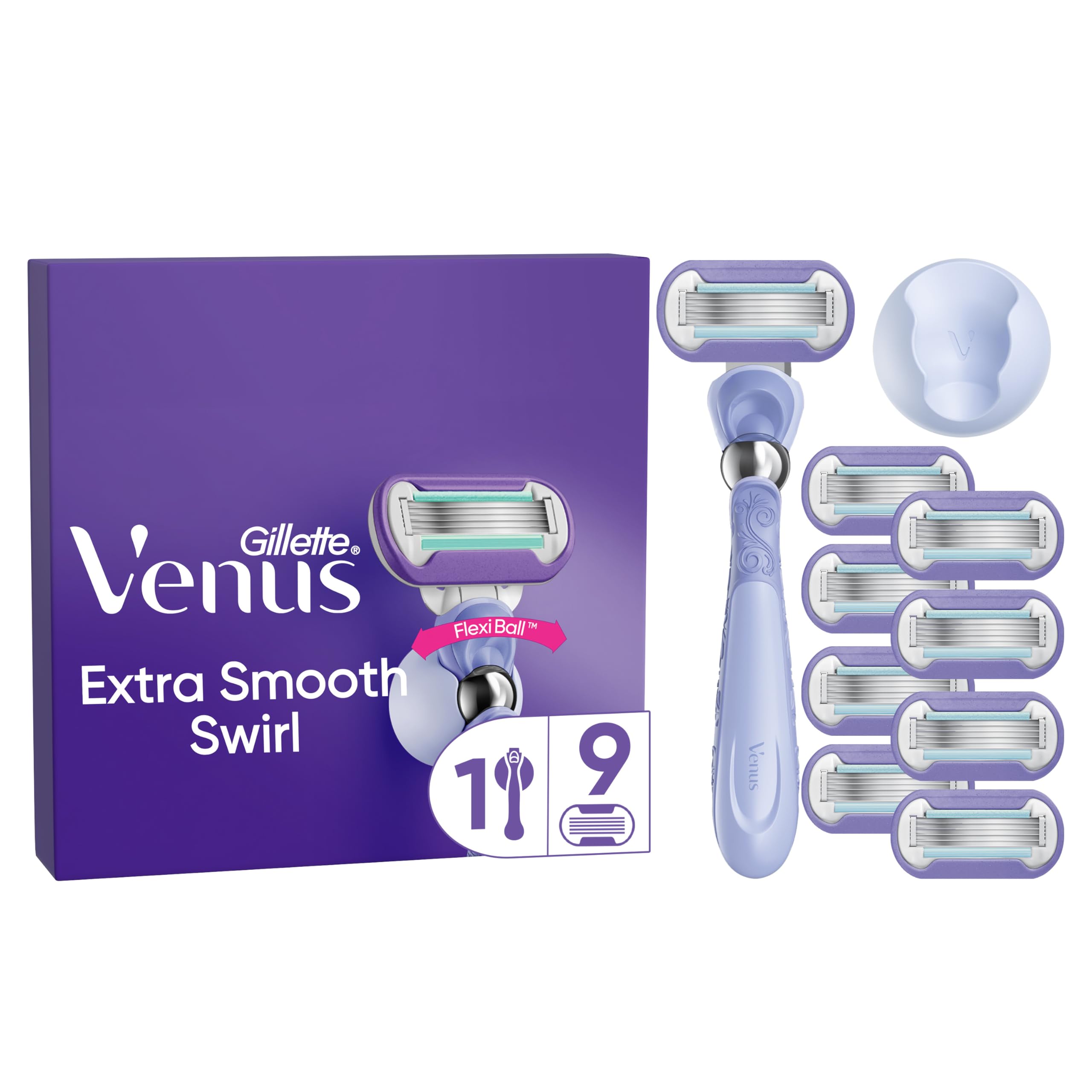 Gillette Venus Deluxe Rasoio Donna Smooth Swirl, 1 Manico e 9 Lamette donna di Ricambio (da 5 Lame), con Tecnologia FlexiBall, Rasatura Ottimale, idea regalo