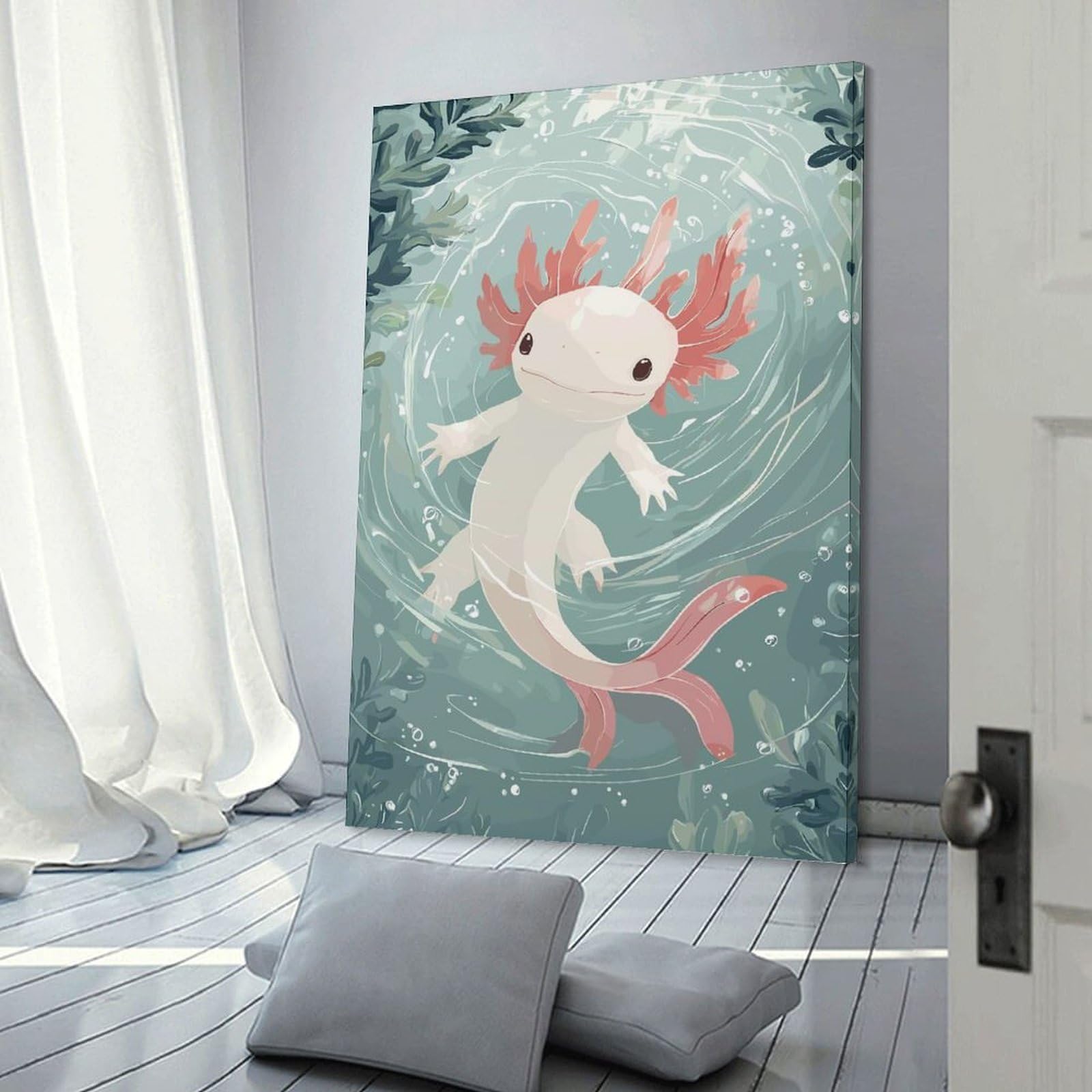 Junmoney Cute Axolotl in Water Illustration Wall Picture Print 08x12inch(20x30cm), for Corridors, Hallways Or Apartment Entries, Wall Decor to Refresh Empty Corners