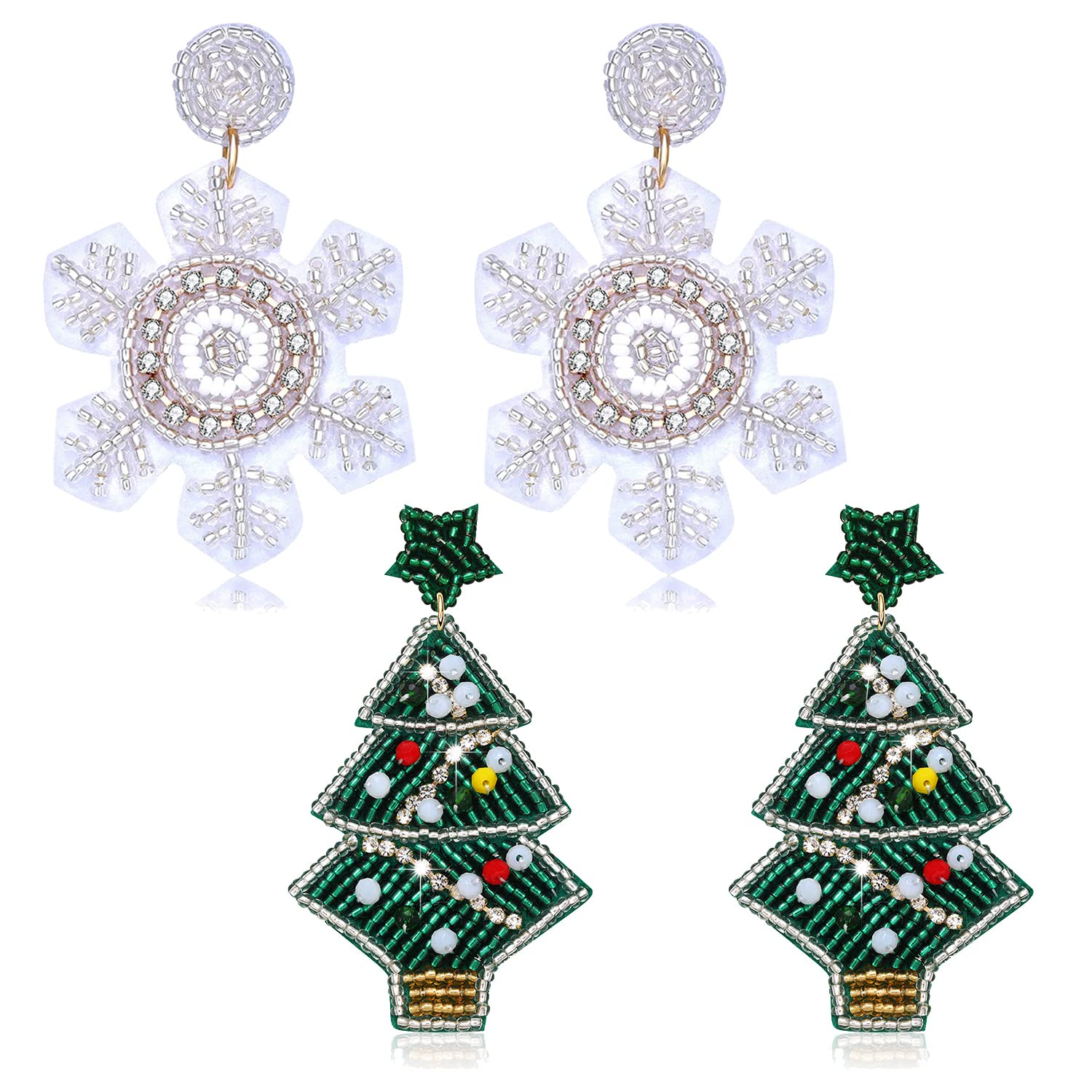 PHALINChristmas Earrings for Women Beaded Christmas Tree Earrings Rhinestone Snowflake Reindeer Dangle Earrings Festive Holiday Earrings Costume Party Jewelry Gifts