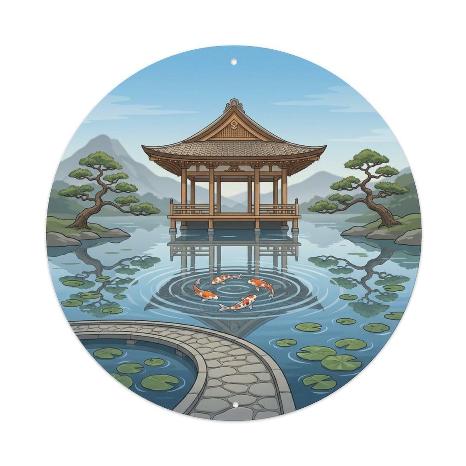 Pavilion Pond Koi Garden Reflection Raked Zen Metal Tin Sign Plaque Wall Decor for Cafe, Man Cave, Club Bar, Office, Home Garden Round Metal Poster 8x8Inch