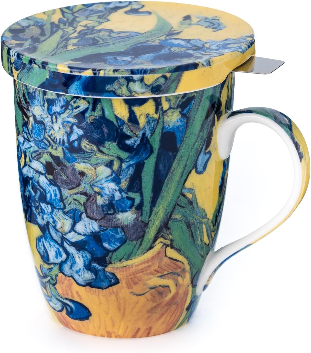 Van Gogh Irises Fine Bone China (15 oz) Tea Mug with Lid and Infuser in Matching Gift Box