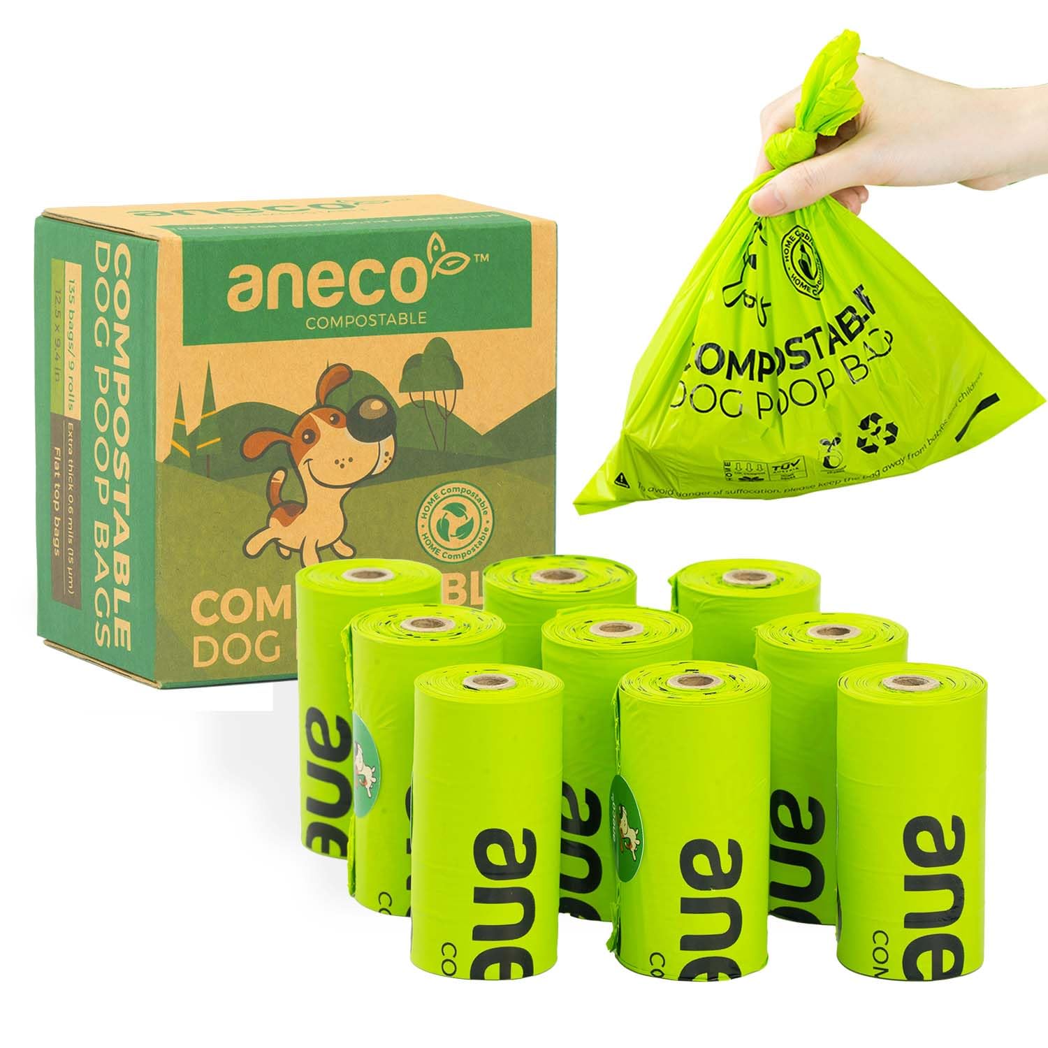 ANECO 100 Home Compostable Dog Poop Bags (135 Bags/9 Rolls), Large