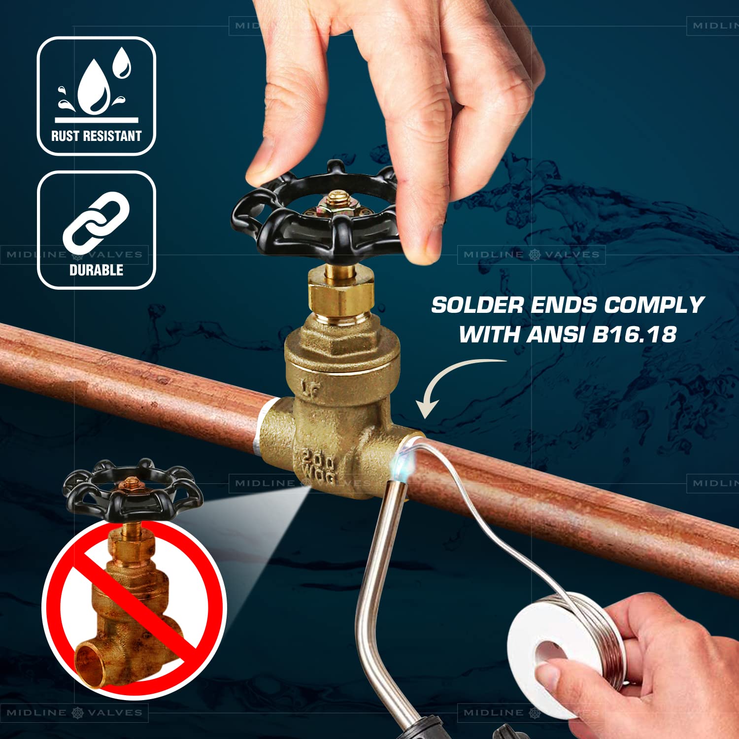Midline Valve 427D223-5 Válvula de compuerta, conexión de sudor de 1 pulgada, latón fundido (paquete de 5), 1
