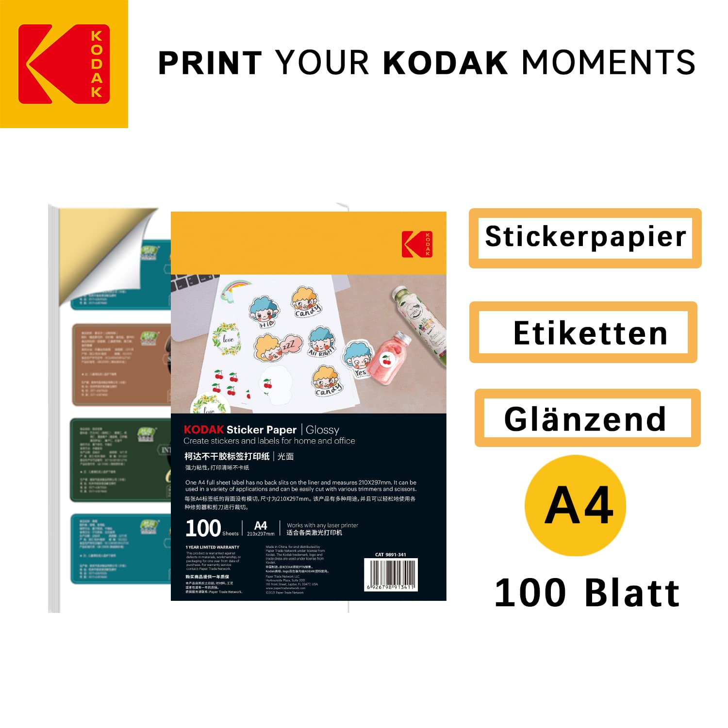 100 Feuilles Papier Autocollant Brillant A4 - Imprimable Jet D'encre Et Laser - Pour étiquettes, Décalcomanies, Bricolage - 80 G/m²