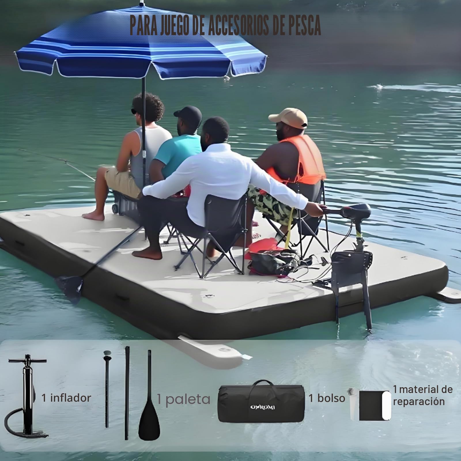 Pontón flotante inflable de alta capacidad 200 kg espesor 30 cm con hélices para pesca y actividades acuáticas al aire libre