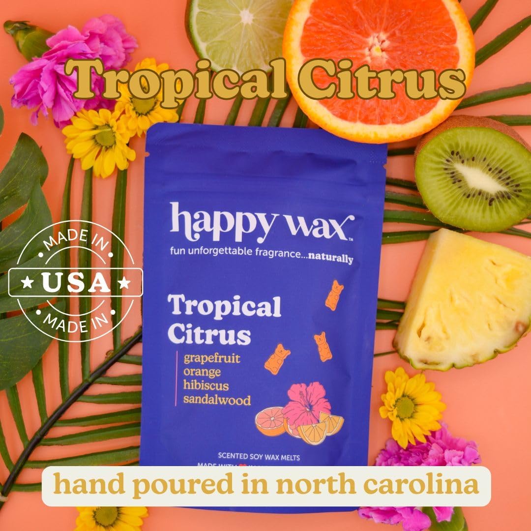 Happy Wax Tropical Citrus Scented Bear Wax Melts - Natural Strong Scented Summer Infused w/Essential Oils - Non Toxic & Pet Safe - (4 oz Pouch)
