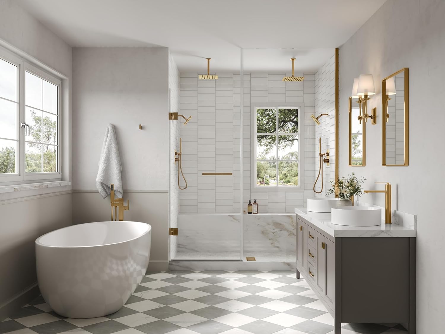 Ceiling Mount 12" High-Pressure Rainfall Shower Faucet, Dual Rainfall Shower Head System with Valve (Brushed Gold)