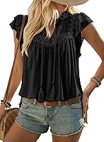 Dokotoo Women's Summer Ruffle Cap Sleeve Chiffon Blouse - Tassel V-Neck Lace Embroidery Pleated Tops