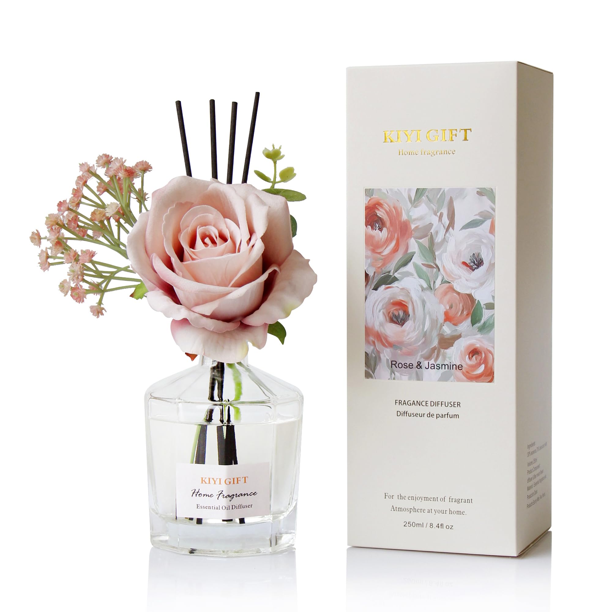 kiyigift Reed Diffuser Set Home Fragrance Diffuser with 6 Sticks Fragrance Diffuser Decoration for Bedroom, Living Room, Bathroom, Office, 8.4 fl oz, Glass Bottle (Jasmine Rose)