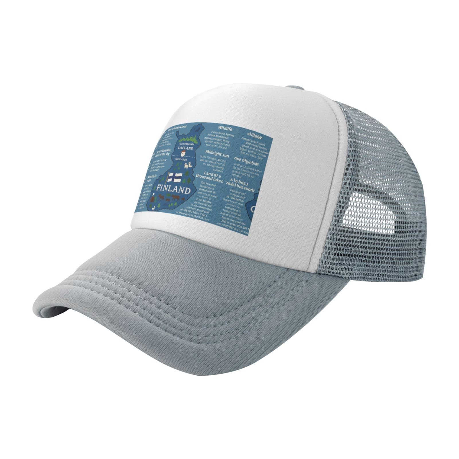 UVBDF Finland Map with Various Feat Printed Sun Hats, Classic Mesh Back Trucker Hats, Adjustable Baseball Caps for Daily Commute Gray